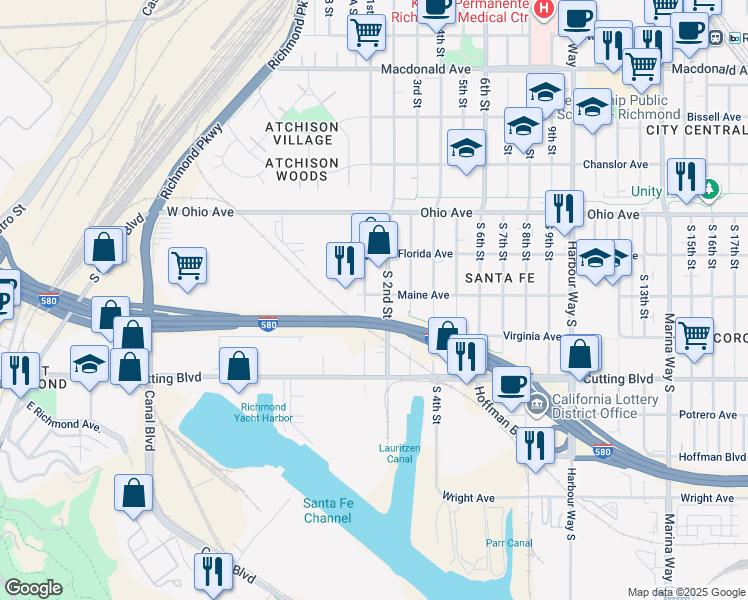 map of restaurants, bars, coffee shops, grocery stores, and more near 114 Maine Avenue in Richmond