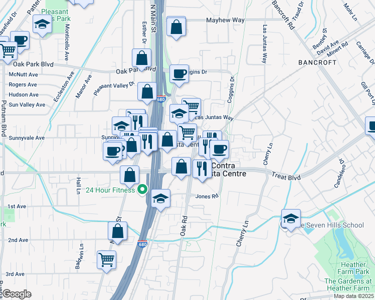 map of restaurants, bars, coffee shops, grocery stores, and more near 1345 Treat Boulevard in Walnut Creek