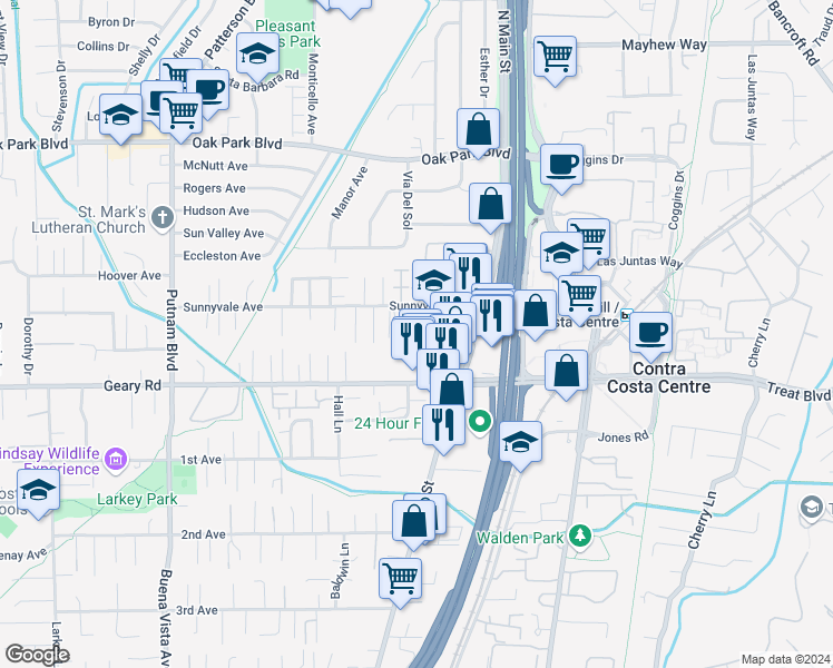 map of restaurants, bars, coffee shops, grocery stores, and more near 1595 Sunnyvale Avenue in Walnut Creek