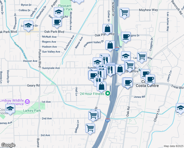 map of restaurants, bars, coffee shops, grocery stores, and more near 1595 Sunnyvale Avenue in Walnut Creek