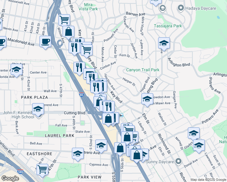 map of restaurants, bars, coffee shops, grocery stores, and more near 6431 Knott Avenue in El Cerrito
