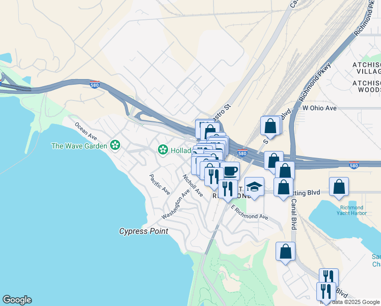 map of restaurants, bars, coffee shops, grocery stores, and more near 127 Cottage Avenue in Richmond