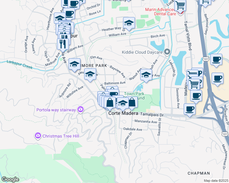 map of restaurants, bars, coffee shops, grocery stores, and more near 121 Redwood Avenue in Corte Madera