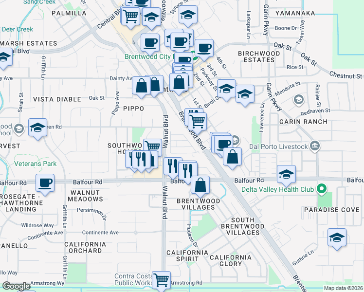 map of restaurants, bars, coffee shops, grocery stores, and more near 3660 Walnut Boulevard in Brentwood