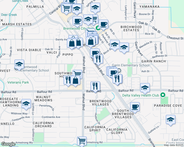 map of restaurants, bars, coffee shops, grocery stores, and more near 3660 Walnut Boulevard in Brentwood