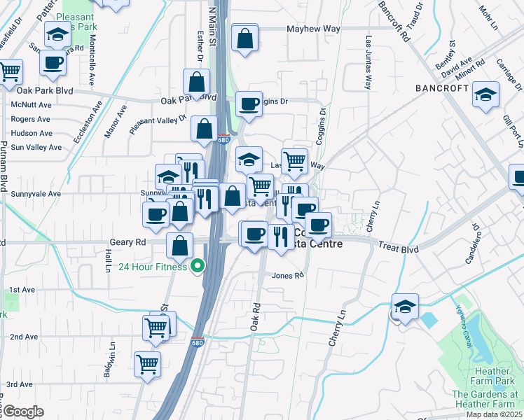 map of restaurants, bars, coffee shops, grocery stores, and more near 1345 Treat Boulevard in Walnut Creek