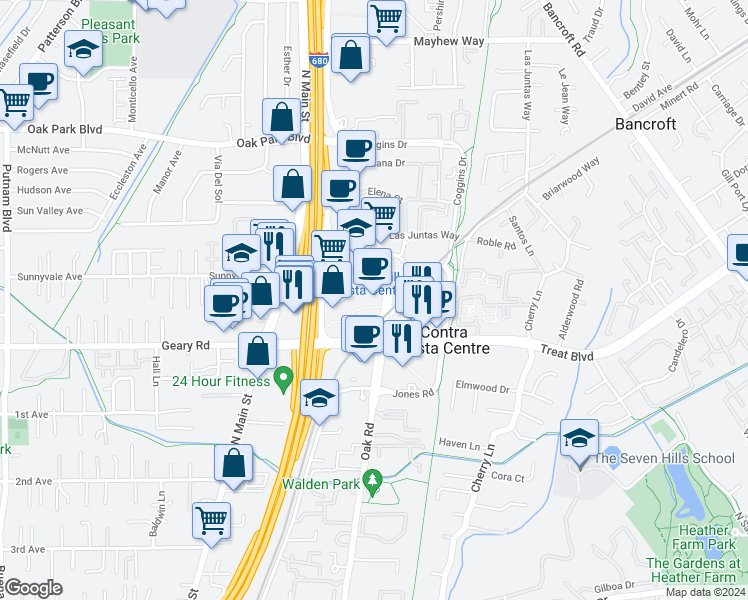 map of restaurants, bars, coffee shops, grocery stores, and more near 2999 Oak Road in Walnut Creek