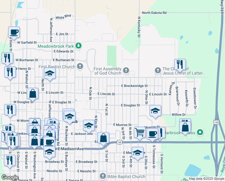 map of restaurants, bars, coffee shops, grocery stores, and more near 900-948 E Lincoln St in Iola