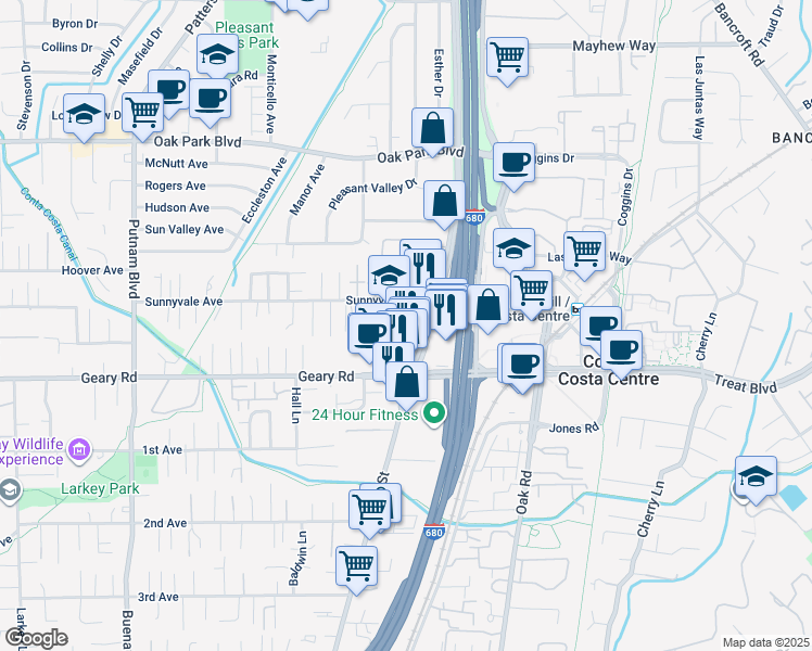 map of restaurants, bars, coffee shops, grocery stores, and more near 2971 North Main Street in Walnut Creek