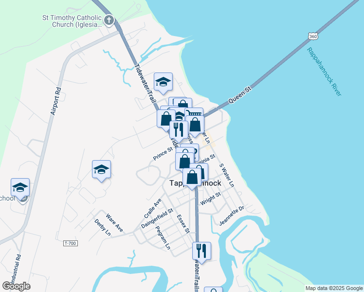 map of restaurants, bars, coffee shops, grocery stores, and more near 324 Prince Street in Tappahannock
