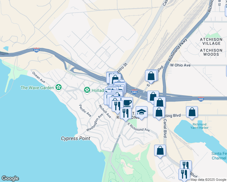 map of restaurants, bars, coffee shops, grocery stores, and more near Santa Fe Avenue & Delfino Avenue in Richmond