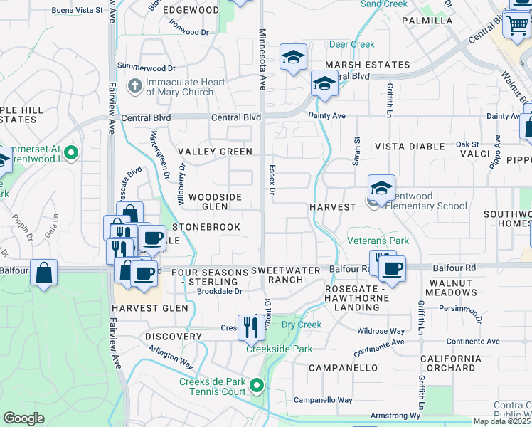 map of restaurants, bars, coffee shops, grocery stores, and more near 1023 New Holland Court in Brentwood