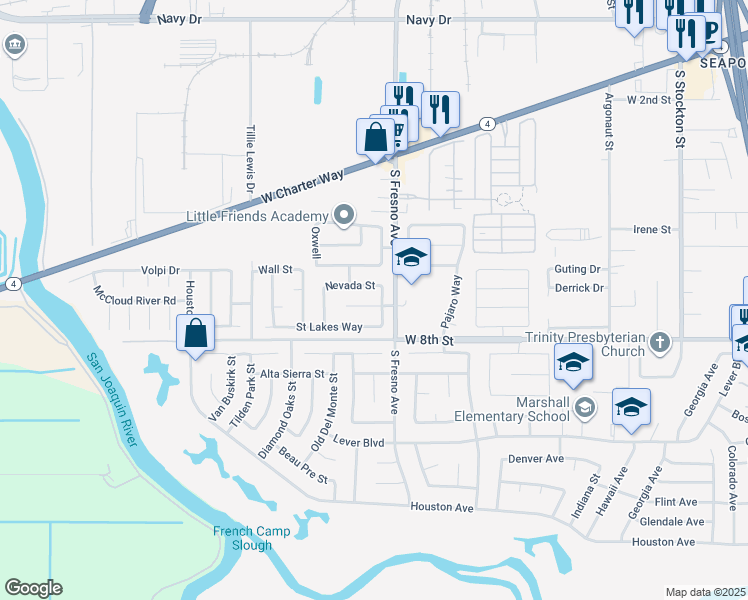 map of restaurants, bars, coffee shops, grocery stores, and more near 1823 Fort Hall Place in Stockton