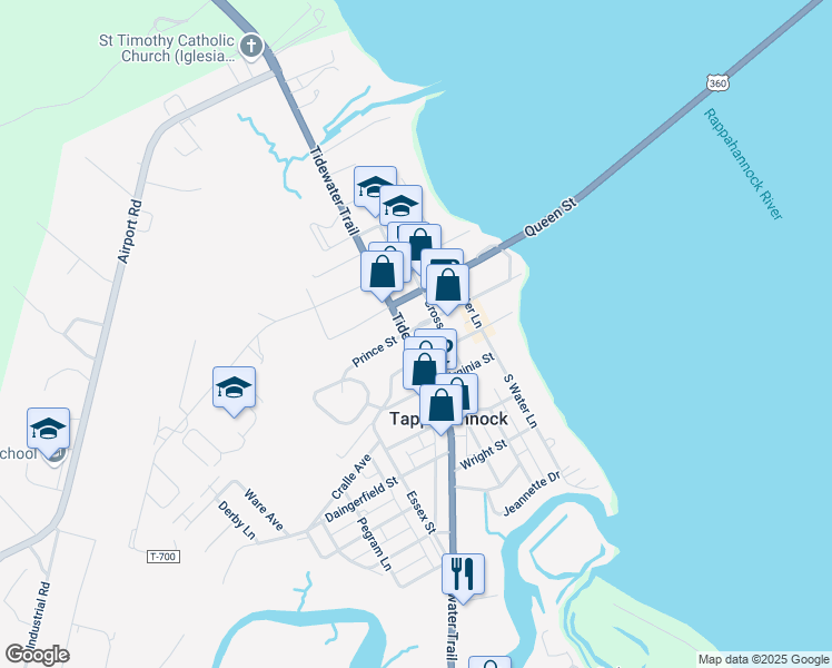 map of restaurants, bars, coffee shops, grocery stores, and more near 324 Prince Street in Tappahannock