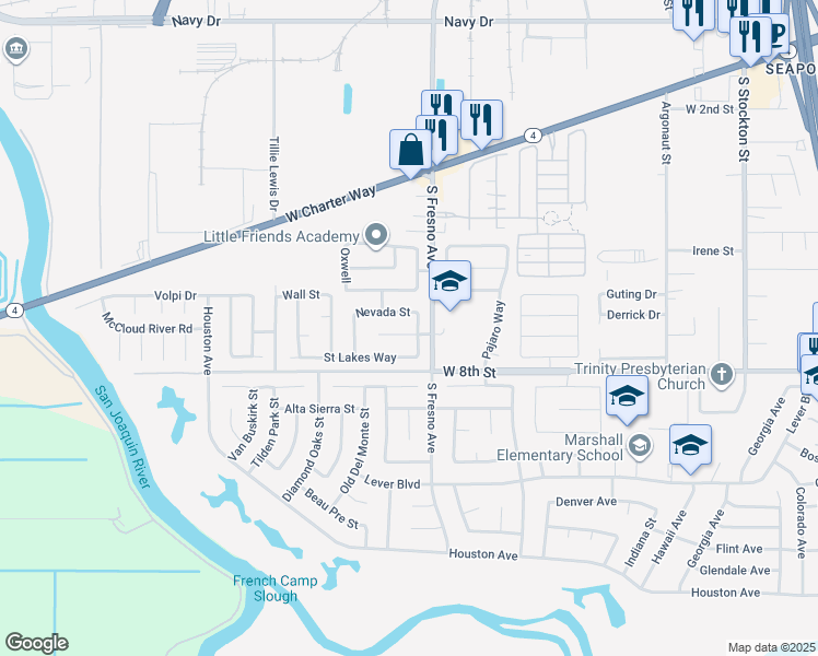map of restaurants, bars, coffee shops, grocery stores, and more near 1823 Fort Hall Place in Stockton
