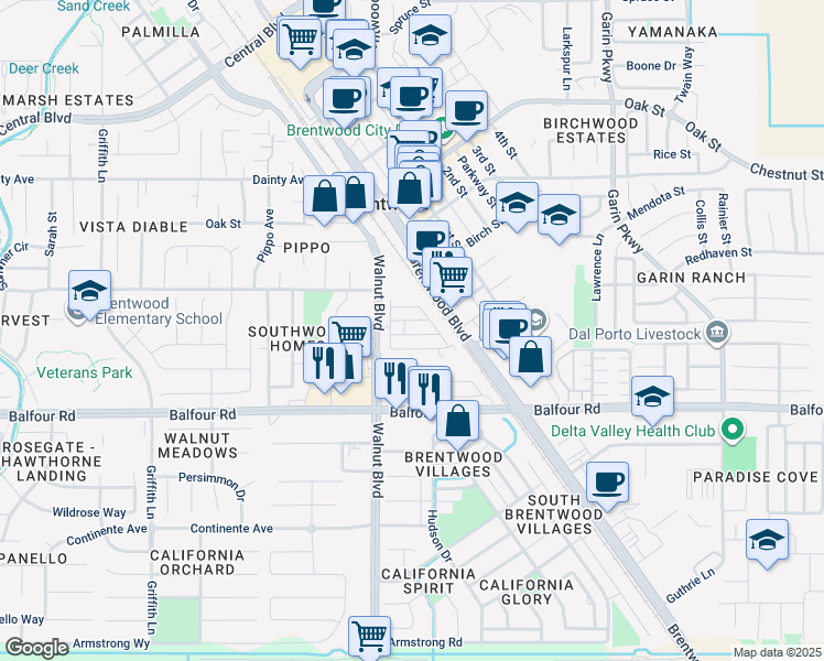 map of restaurants, bars, coffee shops, grocery stores, and more near 35 Patricia Street in Brentwood