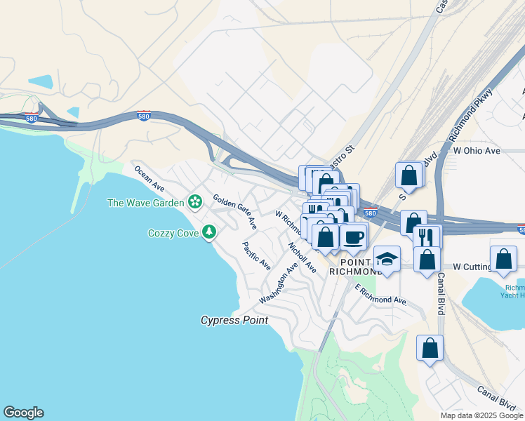map of restaurants, bars, coffee shops, grocery stores, and more near 420 Golden Gate Avenue in Richmond