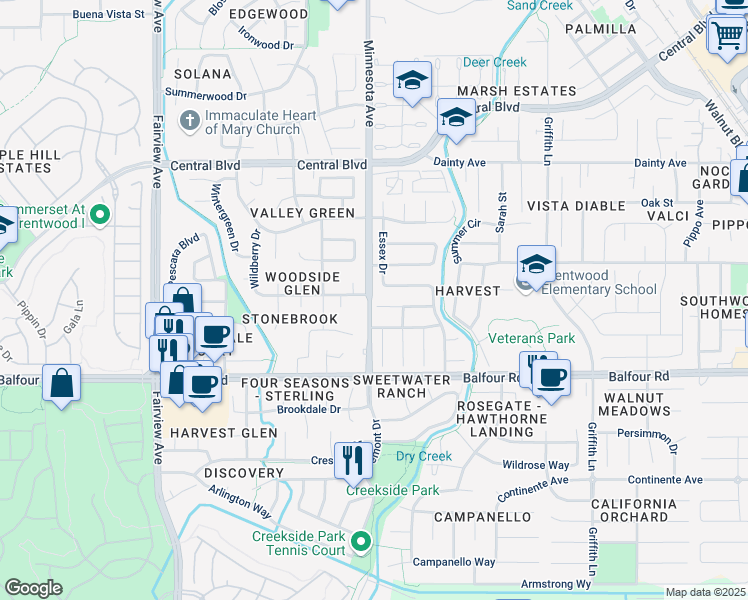 map of restaurants, bars, coffee shops, grocery stores, and more near 1023 New Holland Court in Brentwood
