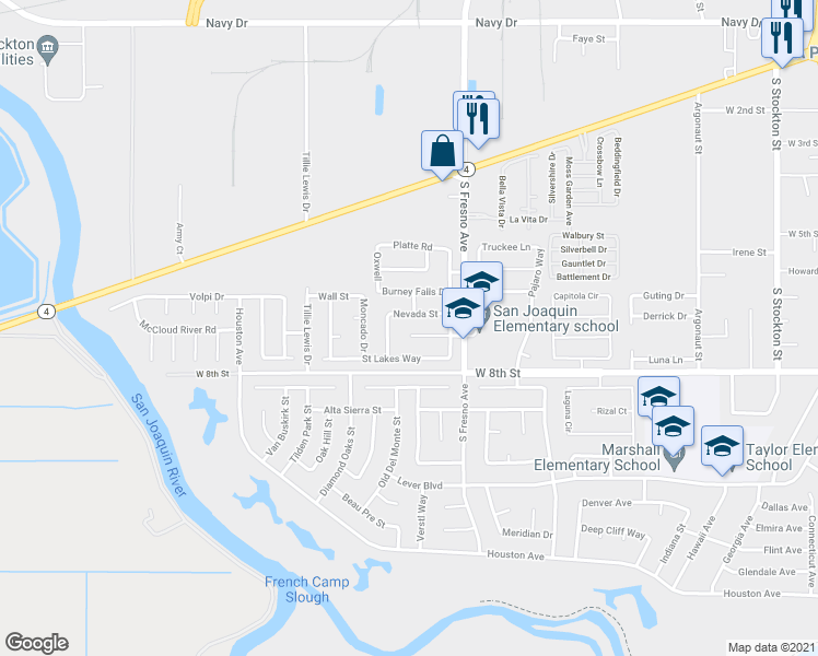 map of restaurants, bars, coffee shops, grocery stores, and more near 1957 Fort Hall Place in Stockton