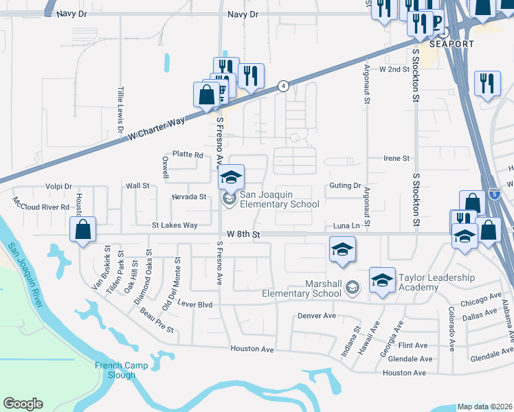 map of restaurants, bars, coffee shops, grocery stores, and more near 2102 Pajaro Way in Stockton