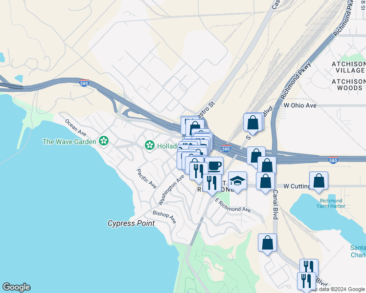 map of restaurants, bars, coffee shops, grocery stores, and more near 225 Delfino Avenue in Richmond