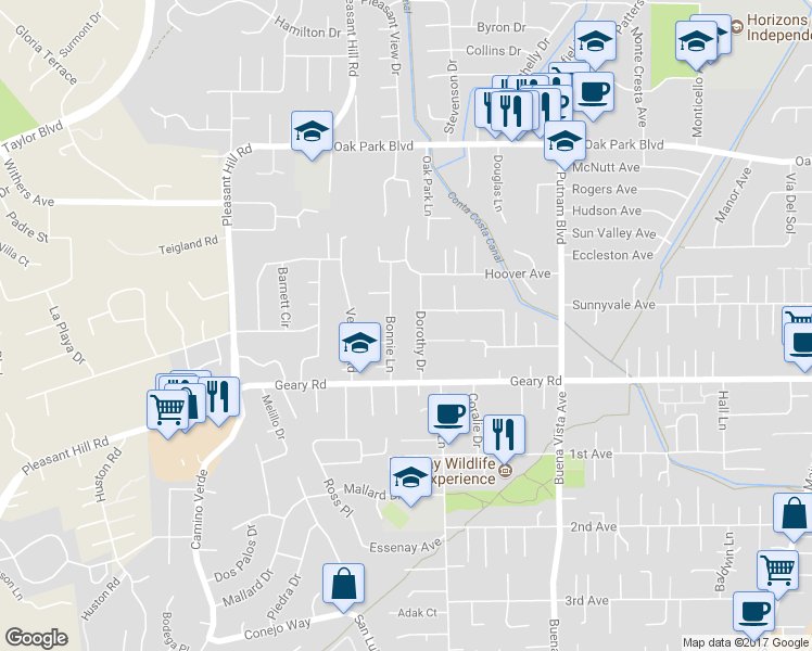 map of restaurants, bars, coffee shops, grocery stores, and more near 2960 Bonnie Lane in Pleasant Hill