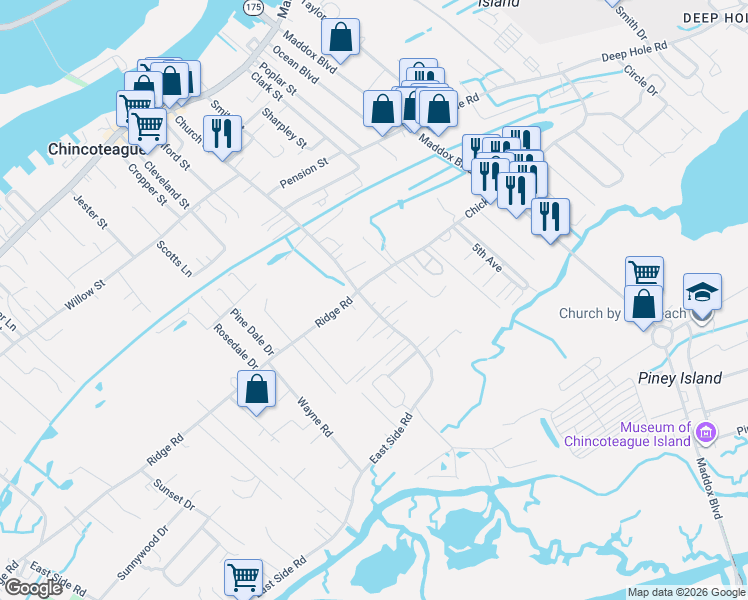 map of restaurants, bars, coffee shops, grocery stores, and more near 4406 Ridge Road in Chincoteague