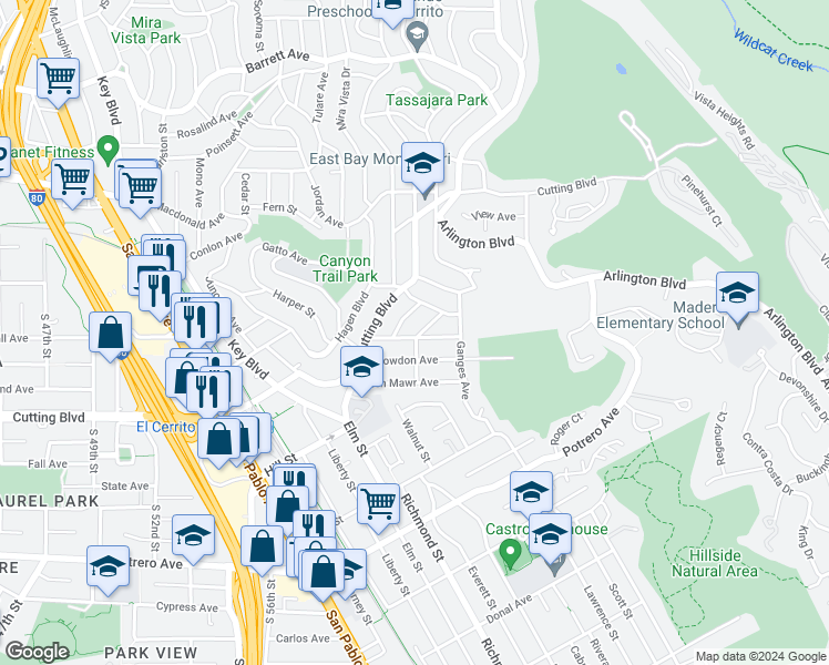 map of restaurants, bars, coffee shops, grocery stores, and more near 6775 Kenilworth Avenue in El Cerrito