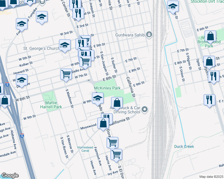 map of restaurants, bars, coffee shops, grocery stores, and more near 252 East 8th Street in Stockton