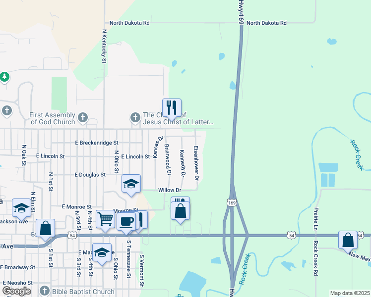 map of restaurants, bars, coffee shops, grocery stores, and more near 301-699 Kennedy Drive in Iola