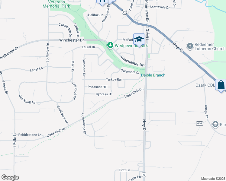 map of restaurants, bars, coffee shops, grocery stores, and more near 1001 Cypress Drive in Rolla