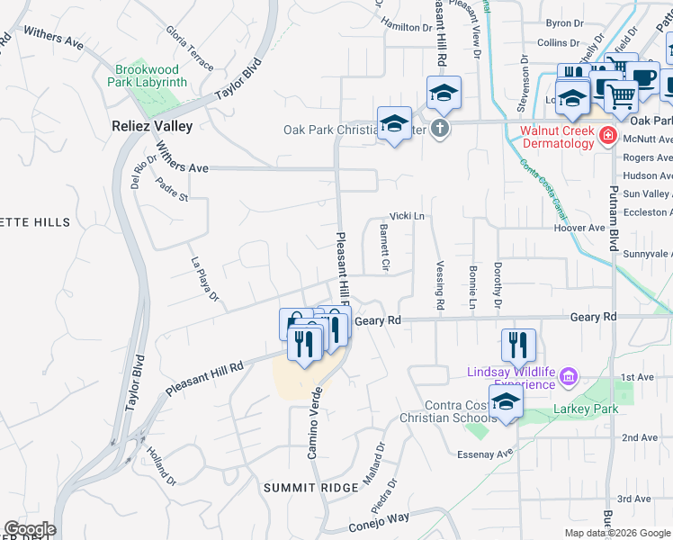 map of restaurants, bars, coffee shops, grocery stores, and more near 3078 Diablo View Road in Lafayette