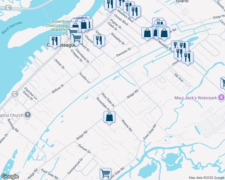 map of restaurants, bars, coffee shops, grocery stores, and more near 6400 Holly Drive in Chincoteague