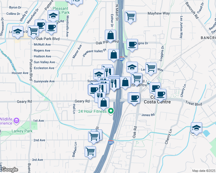 map of restaurants, bars, coffee shops, grocery stores, and more near 2955 North Main Street in Walnut Creek