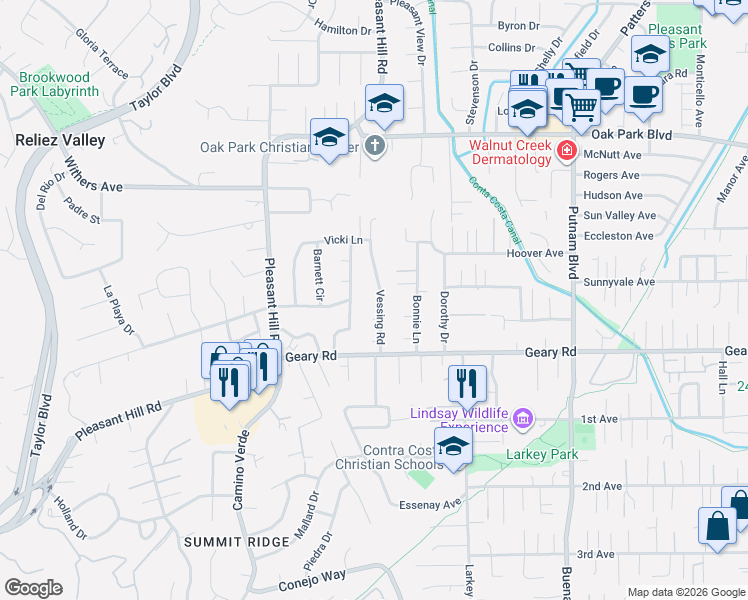 map of restaurants, bars, coffee shops, grocery stores, and more near 16 Vita Court in Pleasant Hill