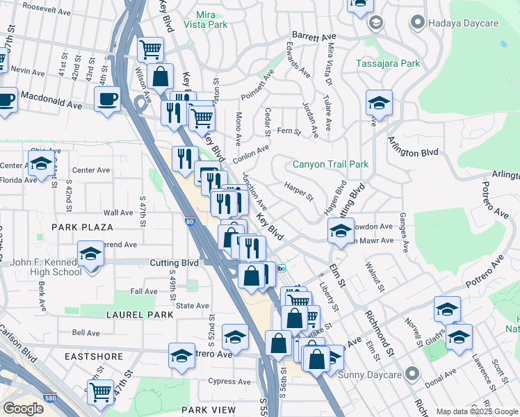 map of restaurants, bars, coffee shops, grocery stores, and more near 6431 Knott Avenue in El Cerrito
