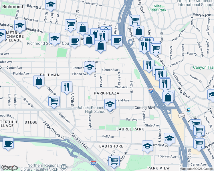 map of restaurants, bars, coffee shops, grocery stores, and more near 4224 Wall Avenue in Richmond