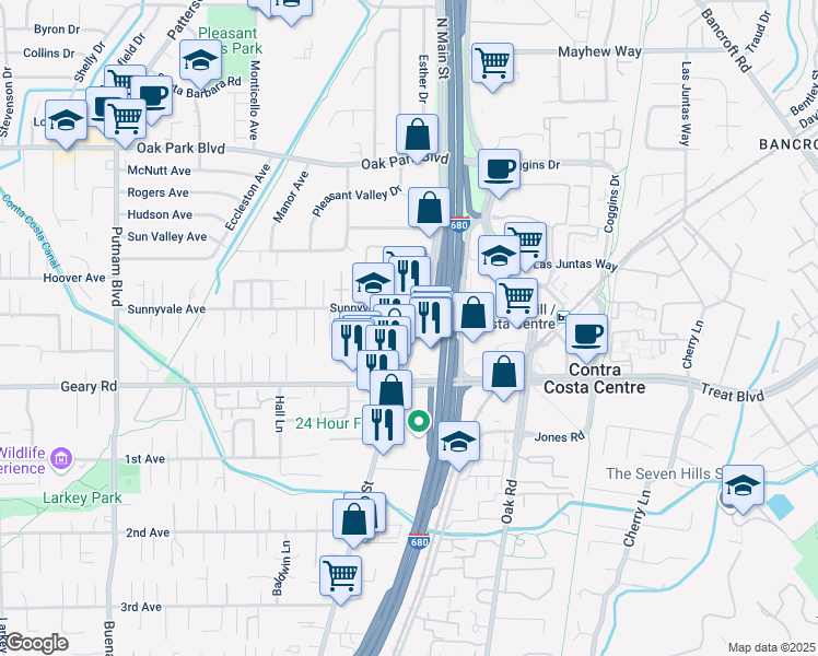 map of restaurants, bars, coffee shops, grocery stores, and more near 2971 North Main Street in Walnut Creek