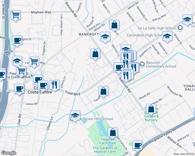 map of restaurants, bars, coffee shops, grocery stores, and more near 1520 Candelero Drive in Walnut Creek