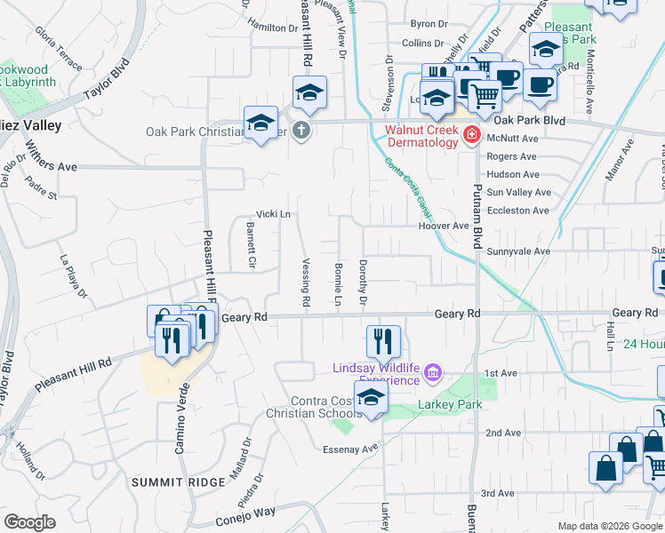 map of restaurants, bars, coffee shops, grocery stores, and more near 8 Carrie Court in Pleasant Hill