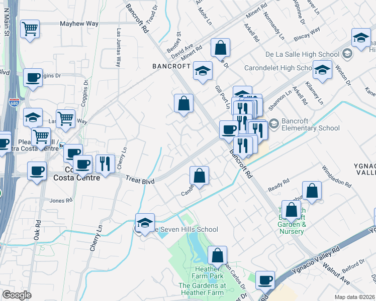 map of restaurants, bars, coffee shops, grocery stores, and more near 1520 Candelero Drive in Walnut Creek