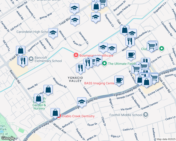 map of restaurants, bars, coffee shops, grocery stores, and more near Mitchell Drive in Walnut Creek