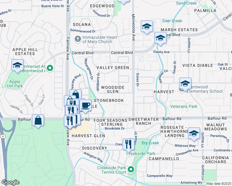 map of restaurants, bars, coffee shops, grocery stores, and more near 1100 Woodside Drive in Brentwood