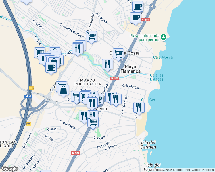 map of restaurants, bars, coffee shops, grocery stores, and more near 18 Calle Alhambra in La Zenia
