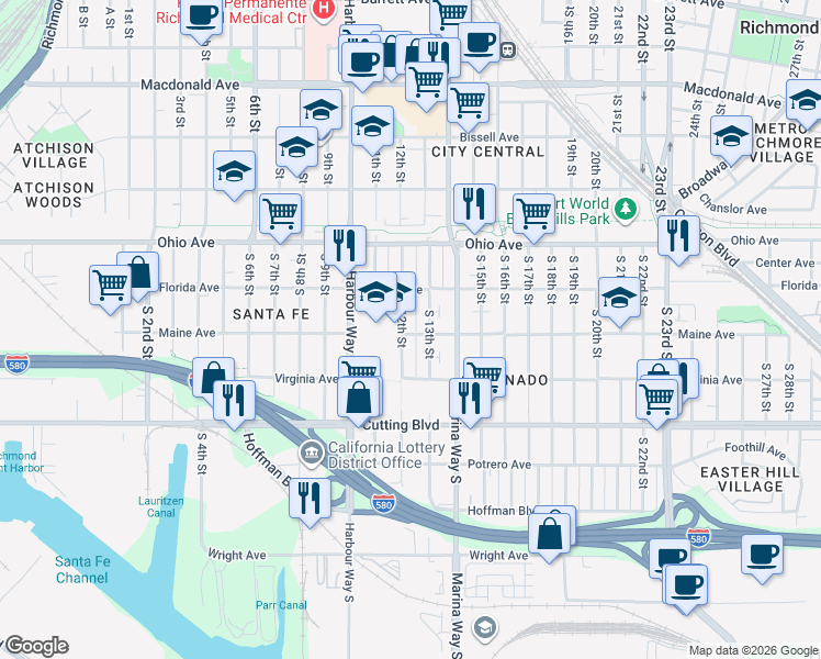 map of restaurants, bars, coffee shops, grocery stores, and more near 1205 Maine Avenue in Richmond