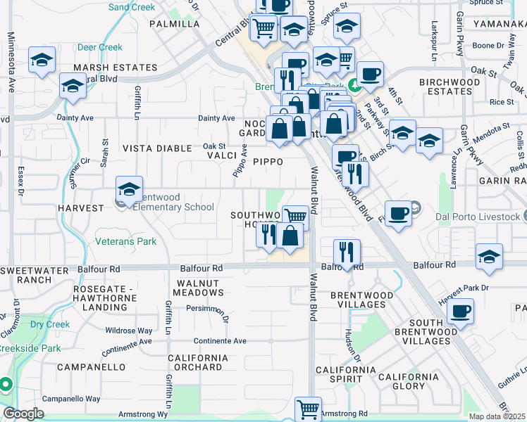 map of restaurants, bars, coffee shops, grocery stores, and more near 340 Sherwood Drive in Brentwood