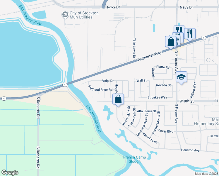 map of restaurants, bars, coffee shops, grocery stores, and more near 2607 McCloud River Road in Stockton