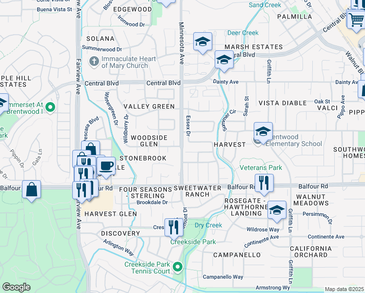 map of restaurants, bars, coffee shops, grocery stores, and more near Minnesota Ave & Woodside Dr in Brentwood