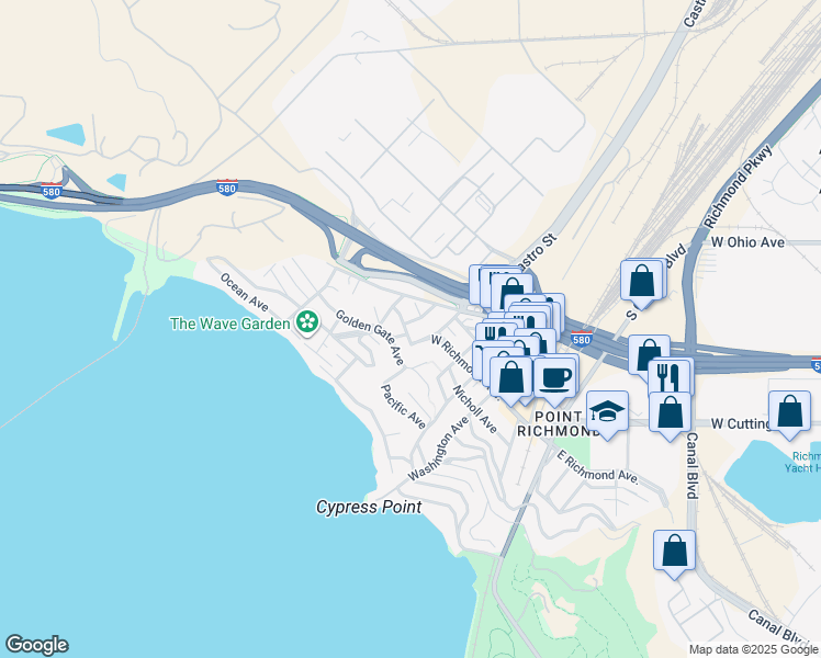 map of restaurants, bars, coffee shops, grocery stores, and more near 460 Eddy Street in Richmond