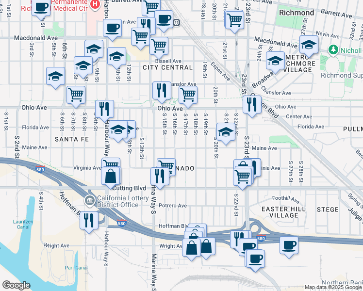 map of restaurants, bars, coffee shops, grocery stores, and more near 329 South 17th Street in Richmond